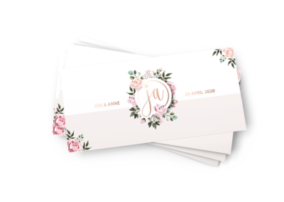 Wedding Jos & Anne – Trouwkaart uitnodiging logo foliedruk koperfolie tijdlijn DL